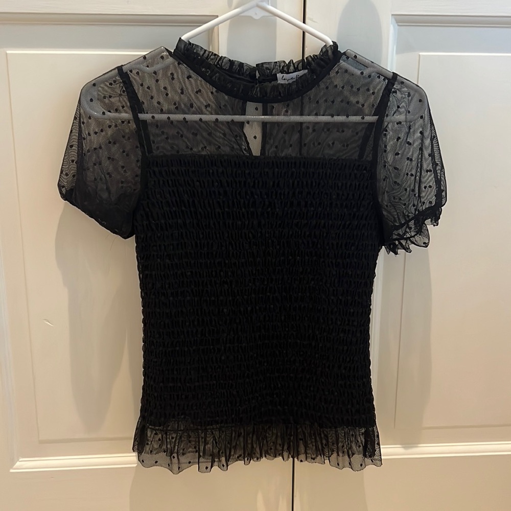 mesh and ruffle black formal top